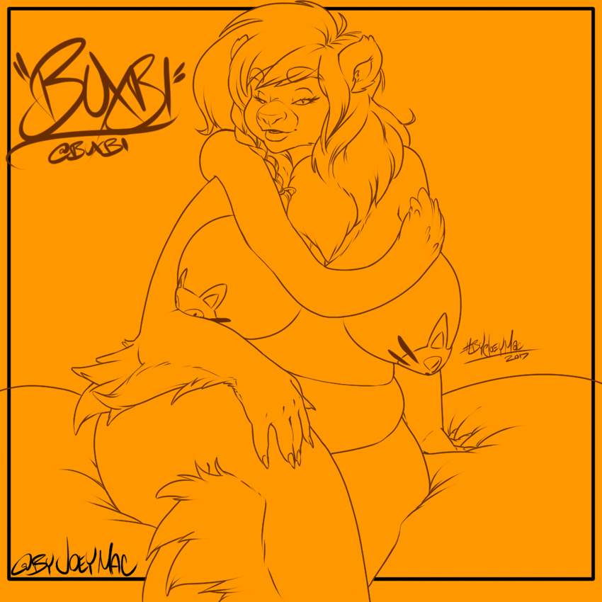 2017 5_fingers anthro arm_tuft bedding bedroom_eyes belly big_breasts biped black_and_orange border braided_hair breasts buxbi_(character) character_name chest_tuft claws crossed_legs digital_drawing_(artwork) digital_media_(artwork) english_text feline female front_view hair half-closed_eyes huge_breasts humanoid_hands inner_ear_fluff leg_tuft line_art long_hair long_tail looking_at_viewer mammal mane_hair mc_jojo monochrome nipple_bulge nude open_mouth open_smile orange_border orange_theme outside_border overweight overweight_female pasties pinup portrait pose seductive side_braid signature sitting smile solo text three-quarter_portrait tiger tuft