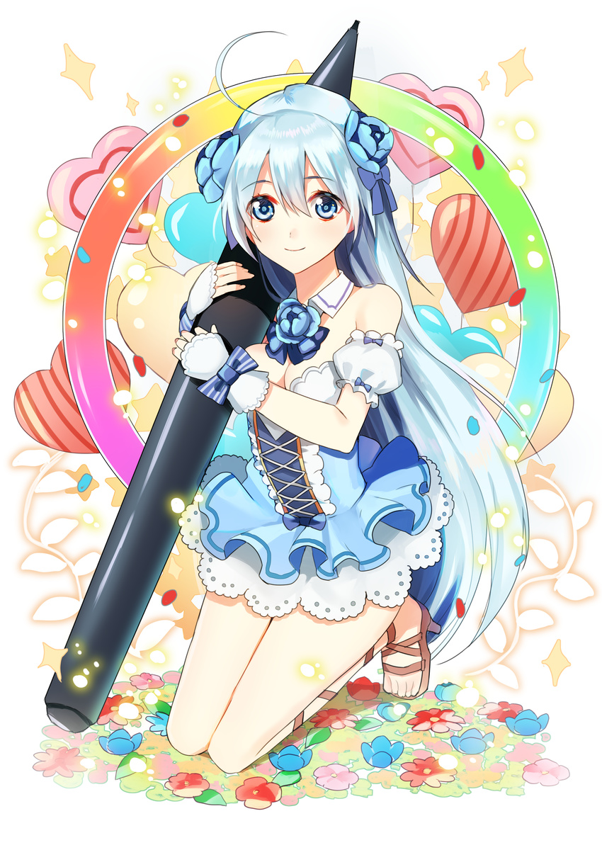 absurdres ahoge armband bad_id bad_pixiv_id bare_shoulders blue_bow blue_eyes blue_hair blue_skirt bow breasts cleavage color_wheel derori hair_bow heart highres kneeling long_hair looking_at_viewer medium_breasts original pixiv-tan sandals skirt smile solo stylus very_long_hair