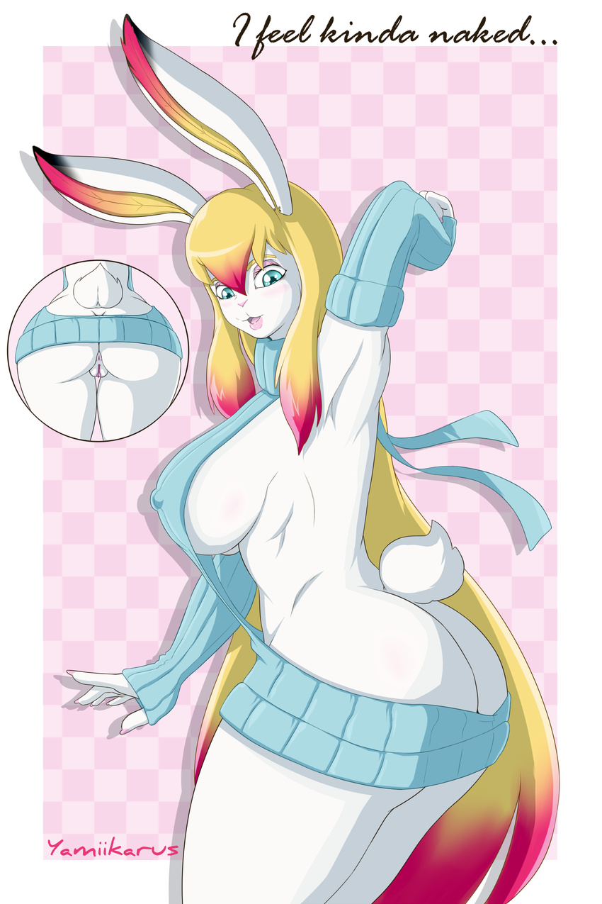 2017 anthro anus armwear bare_back big_breasts blonde_hair blue_eyes border breasts butt close-up clothed clothing detached_sleeves female fur hair hi_res lagomorph long_hair looking_down lully_pop mammal multicolored_hair nipples open_mouth pattern_background pussy rabbit raised_arm side_boob side_view simple_background smile solo standing sweater text tongue virgin_killer_sweater white_border white_fur yamiikarus