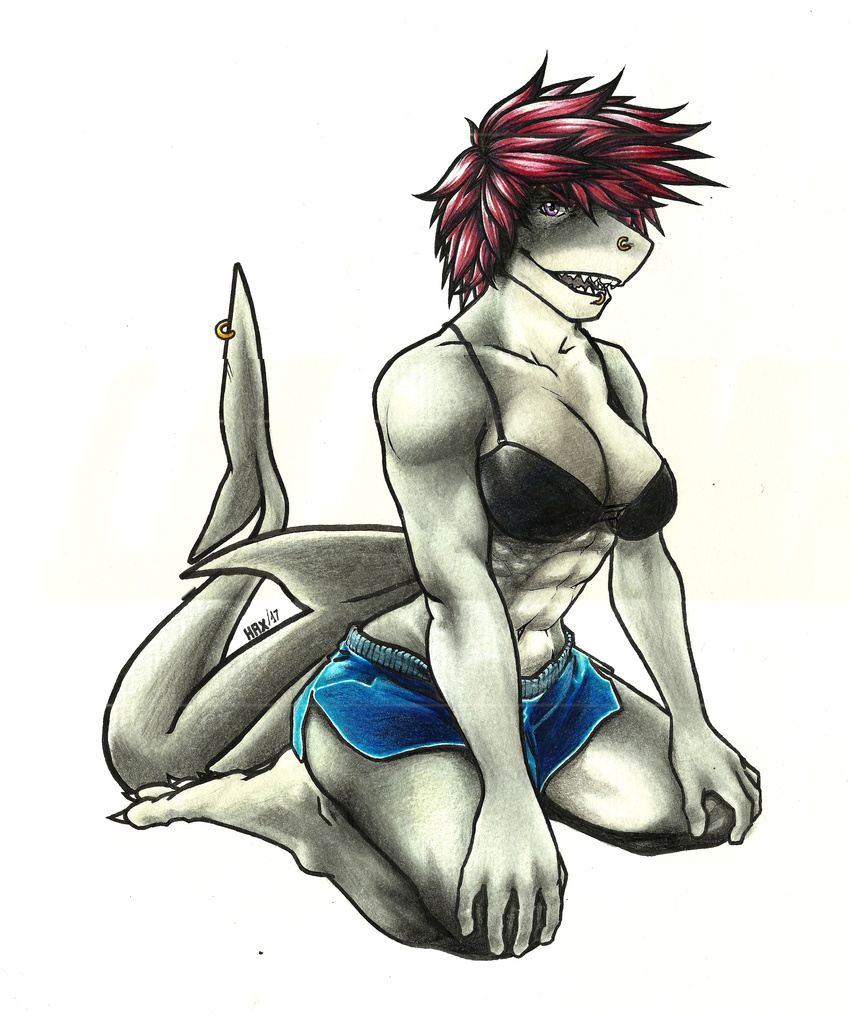 2017 abs anthro bctitan big_breasts breasts bulge clothing dickgirl fish grey_skin hair hax intersex invalid_tag kaliko kneeling marine multicolored_skin muscular navel non-mammal_breasts piercing pose purple_eyes red_hair shark sharp_teeth teeth traditional_media_(artwork) two_tone_skin underwear white_shark white_skin