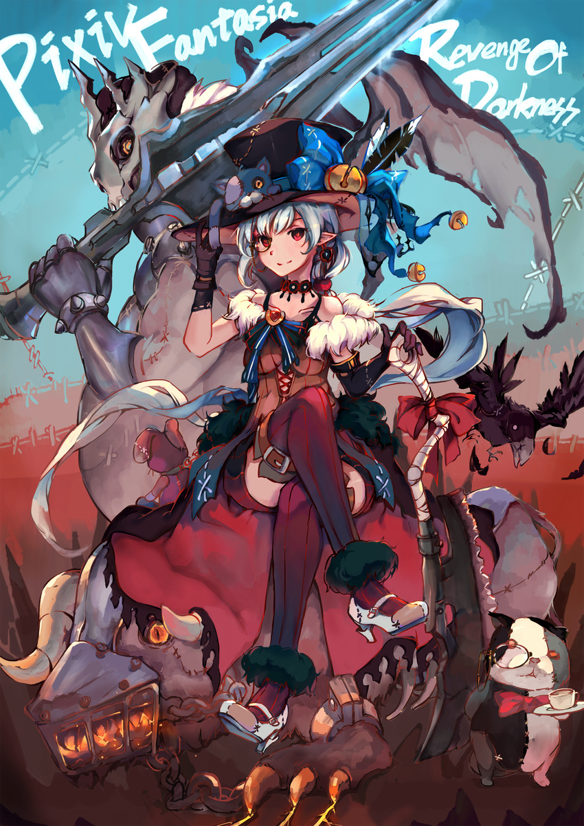 absurdres ami_(pixiv_fantasia) black_gloves blue_hair commentary_request copyright_name crossed_legs gloves hat hat_ornament high_heels highres pixiv_fantasia pixiv_fantasia_revenge_of_the_darkness red_eyes sitting sleeveless smile solo spark_(sandro) thighhighs top_hat