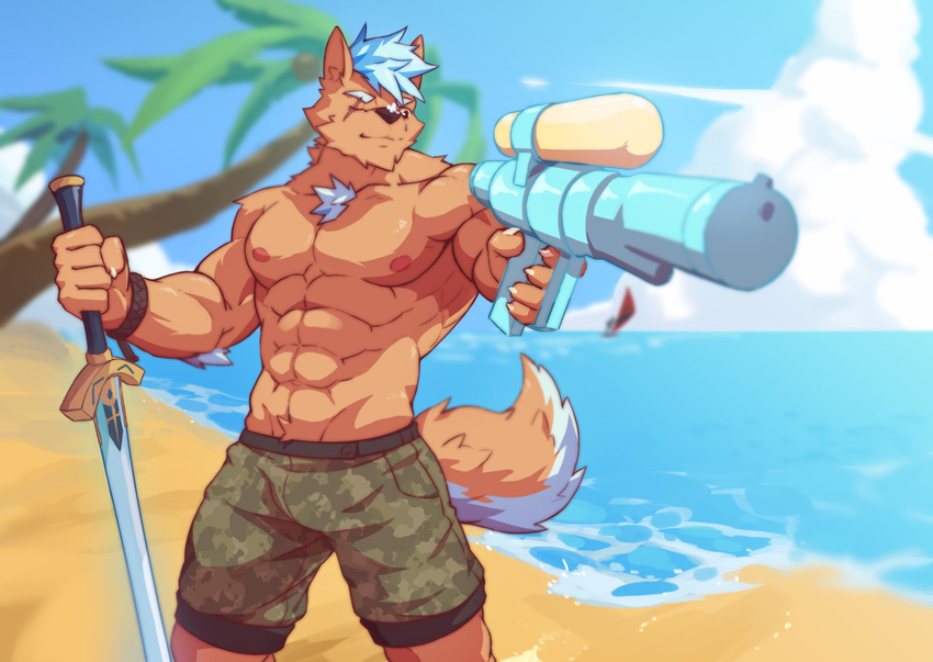 2017 abs anthro biceps canine clothing digital_media_(artwork) fur hi_res male mammal melee_weapon muscular muscular_male nipples pecs scar silentheaven solo swimsuit sword weapon wolf