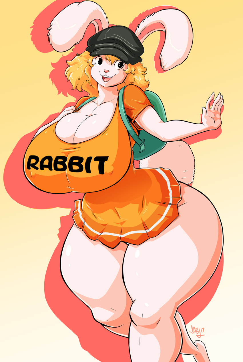 alternate_breast_size animal_ears blonde_hair breasts bunny_ears bunny_girl bunny_tail carrot_(one_piece) clothes_writing curvy gigantic_breasts hat highres one_piece signature smile solo tail wide_hips