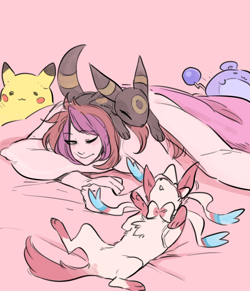 3_toes ambiguous_gender bed bedding biped black_body black_nose black_tail blanket blue_body blush chest_tuft cuddling digital_drawing_(artwork) digital_media_(artwork) eeveelution eyelashes eyes_closed feral fist fur glacierclear group hair heartwarming hi_res hindpaw human humanoid_hands light_skin long_hair long_tail lying mammal marill markings multicolored_fur multicolored_hair nintendo nude on_back on_bed on_front on_top on_top_of one_eye_closed open_mouth paws pikachu pillow pillow_hug pink_background pink_fur pink_tail pink_theme plushie pok&eacute;mon pok&eacute;mon_trainer purple_hair quadruped red_hair simple_background sleeping smile spread_legs spreading sylveon tan_skin tendrils toes tuft two_tone_fur two_tone_hair two_tone_tail umbreon video_games white_fur yellow_markings yellow_tail