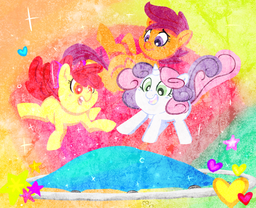 &lt;3 2013 abstract_background apple_bloom_(mlp) blush bouncing cutie_mark_crusaders_(mlp) digital_media_(artwork) equine eyelashes female feral friendship_is_magic fur glitter green_eyes group hair horn horse jumping mammal mt multicolored_hair my_little_pony nude open_mouth orange_fur pink_hair pony purple_eyes purple_hair quadruped rainbow_background red_eyes red_hair scootaloo_(mlp) signature simple_background sparkles spring star sweetie_belle_(mlp) teeth tongue trampoline two_tone_hair unicorn unicorn_horn white_fur yellow_fur young
