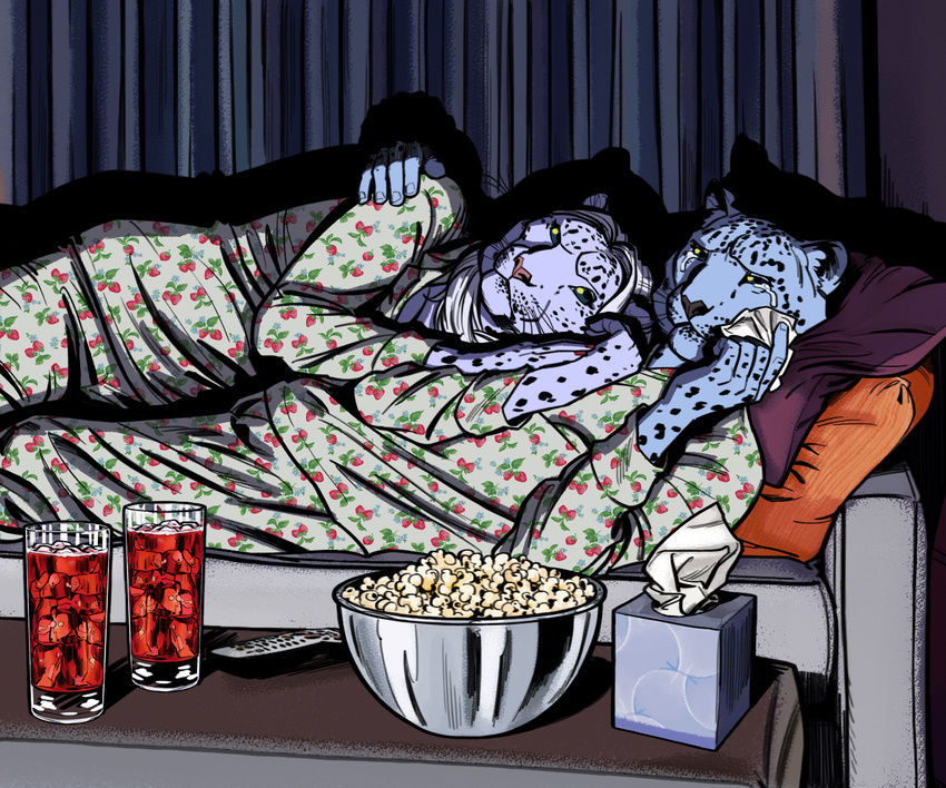 5_fingers anthro beverage billmund clothed clothing controller creatures_of_the_night crying duo feline female food fur hair hand_on_shoulder hi_res hug leopard lying male mammal on_side pajamas pillow popcorn remote_control snow_leopard tears television tissue white_hair