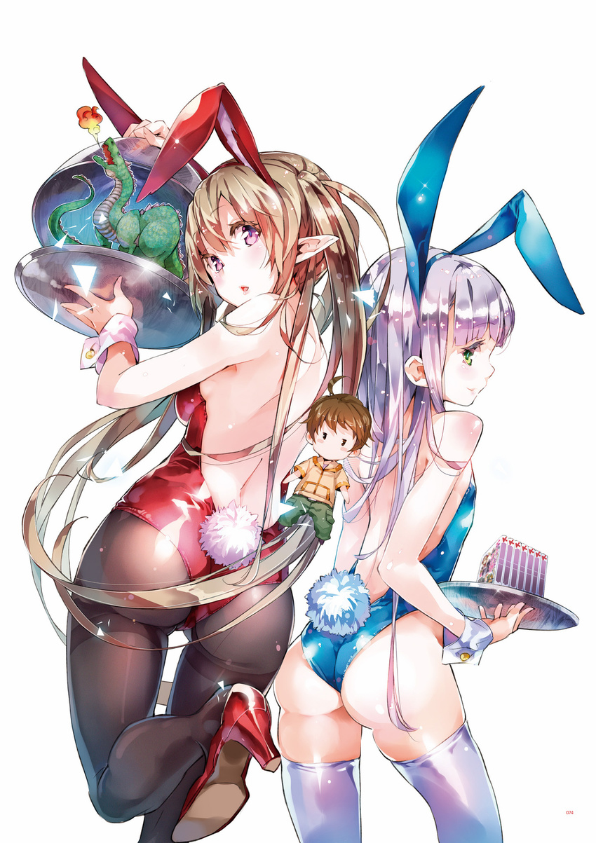 animal_ears ass bare_shoulders black_legwear breasts brown_hair bunny_ears bunny_girl bunny_tail bunnysuit character_doll contrapposto dragon eyebrows_visible_through_hair fake_animal_ears flat_chest green_eyes hairband high_heels highres kanou_shin'ichi lavender_hair leotard looking_at_viewer looking_back medium_breasts multiple_girls myucel_foalan outbreak_company pantyhose parted_lips petralka_anne_eldant_iii pointy_ears profile purple_eyes sideboob standing tail thighhighs tray wrist_cuffs yuugen