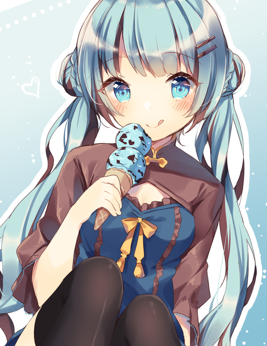 :q bangs black_legwear blue_background blue_dress blue_eyes blue_hair blush brown_hair brown_shirt closed_mouth double_bun double_scoop dress eyebrows_visible_through_hair food hair_ornament hairclip heart highres holding holding_food ice_cream ice_cream_cone long_hair looking_at_viewer multicolored_hair original ribbon shiino_sera shirt short_sleeves side_bun simple_background smile solo tareme thighhighs tongue tongue_out twintails two-tone_hair very_long_hair wide_sleeves yellow_ribbon