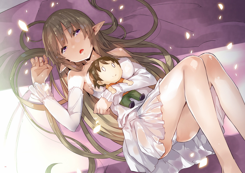 bare_legs bare_shoulders barefoot brown_hair character_doll detached_sleeves dress hair_down highres kanou_shin'ichi light_particles long_hair looking_at_viewer lying myucel_foalan object_hug on_back open_mouth outbreak_company panties pointy_ears purple_eyes short_dress solo strapless strapless_dress underwear very_long_hair white_dress white_panties yuugen