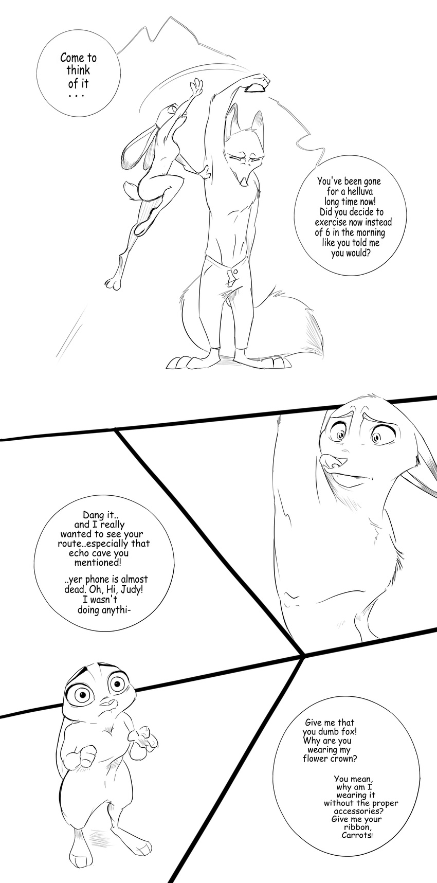 2017 anthro black_and_white breasts canine cellphone clothed clothing comic dialogue dipstick_ears disney duo english_text featureless_breasts featureless_crotch female fox holding_object holding_phone judy_hopps lagomorph male mammal monochrome nick_wilde nude phone rabbit spintherella text topless zootopia