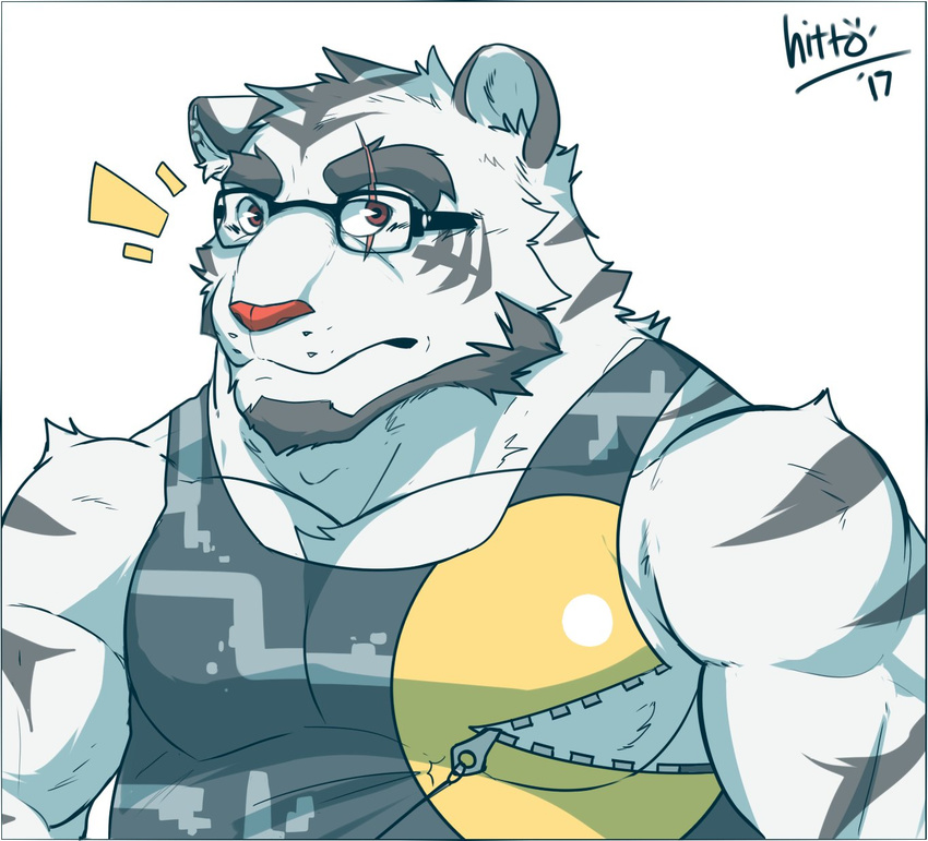 2017 anthro biceps clothed clothing eyewear feline fur glasses hittoga male mammal muscular muscular_male pecs scar tiger top_tank_meme white_tiger