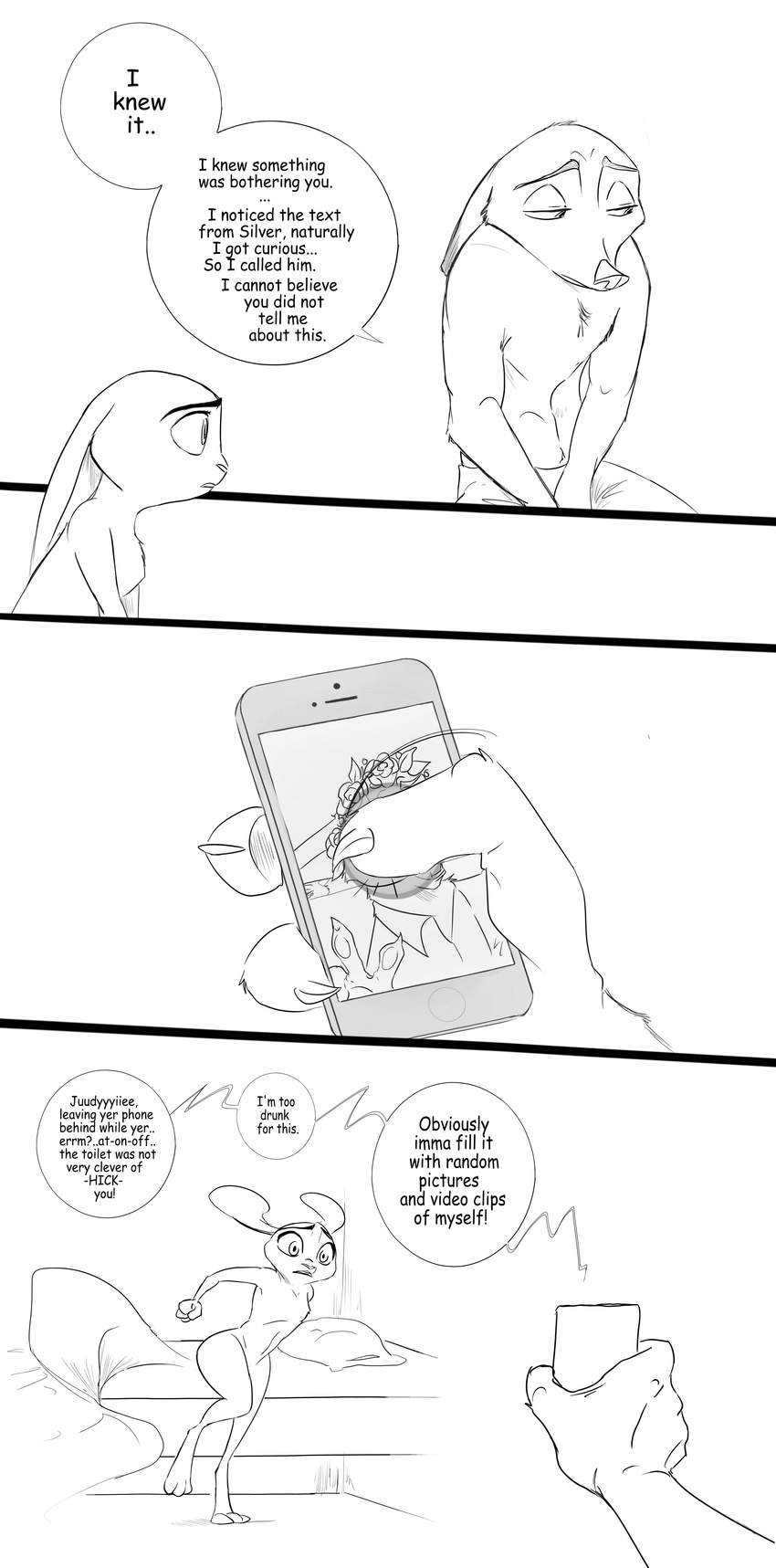 2017 anthro bed bedding black_and_white blanket breasts canine cellphone clothed clothing comic dialogue dipstick_ears disney duo english_text featureless_breasts featureless_crotch female fox holding_object holding_phone judy_hopps lagomorph male mammal monochrome nick_wilde nude phone pillow rabbit spintherella text topless zootopia