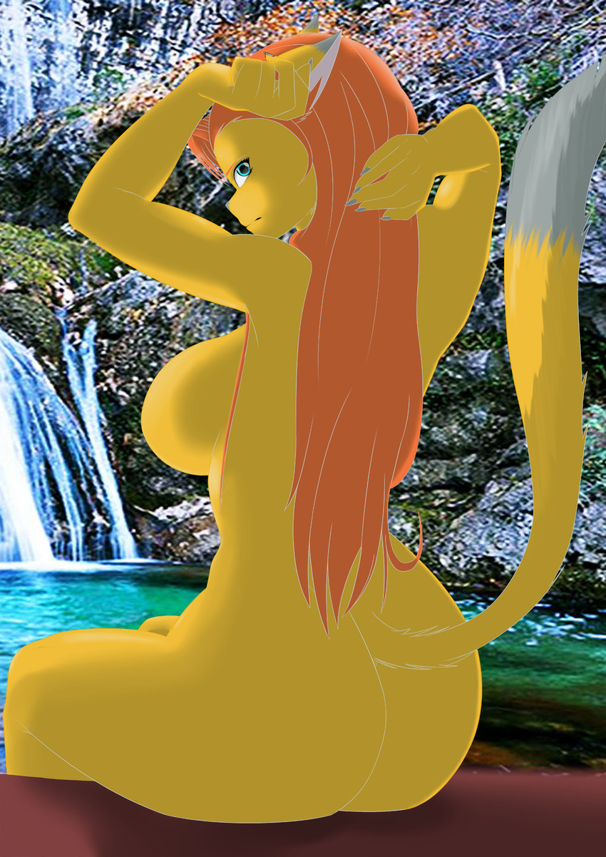 angel anjogatobr blue_eyes breasts butt cat claws colored_hair drawing feline female fur hair happy invalid_color invalid_tag looking_back mammal mother parent paws red_hair river side_boob studio yellow_fur
