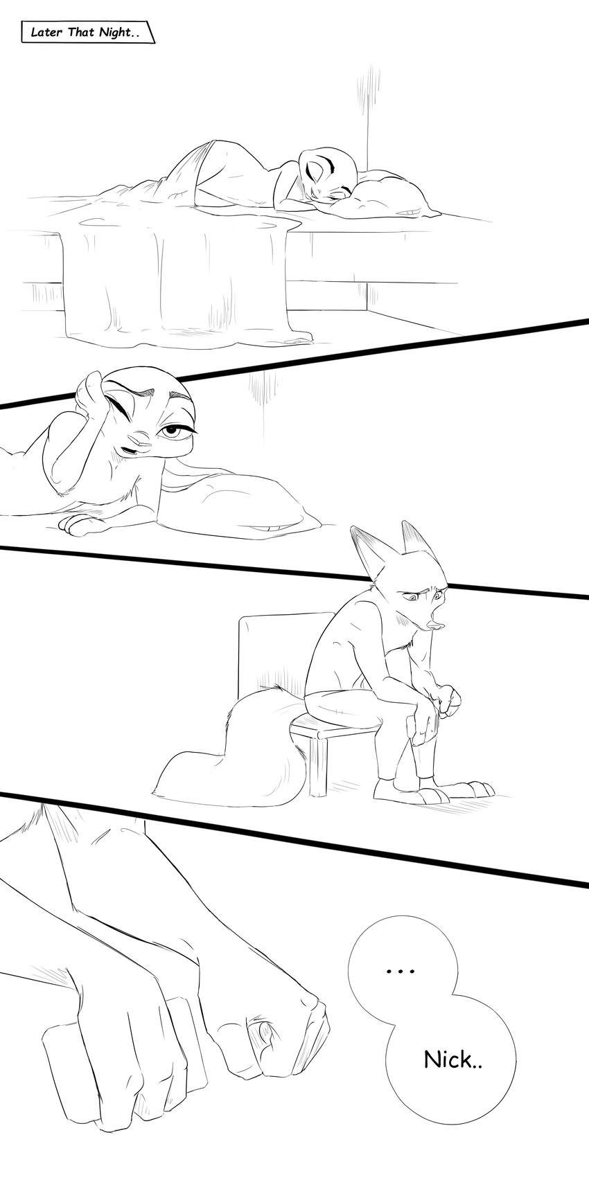 2017 anthro bed bedding black_and_white blanket breasts canine cellphone clothed clothing comic dialogue dipstick_ears disney duo english_text featureless_breasts featureless_crotch female fox holding_object holding_phone judy_hopps lagomorph lying male mammal monochrome nick_wilde nude on_bed on_side phone pillow rabbit sitting spintherella text topless zootopia
