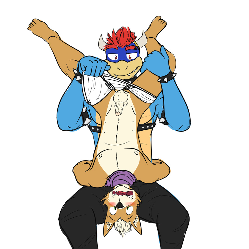 alternate_color black_pants blush bowser briefs clothing crossover duo fox_mccloud fuze green_irises male-male mario_bros nintendo penis scarf simple_background star_fox tighty_whities underwear undressing video_games white_background white_underwear