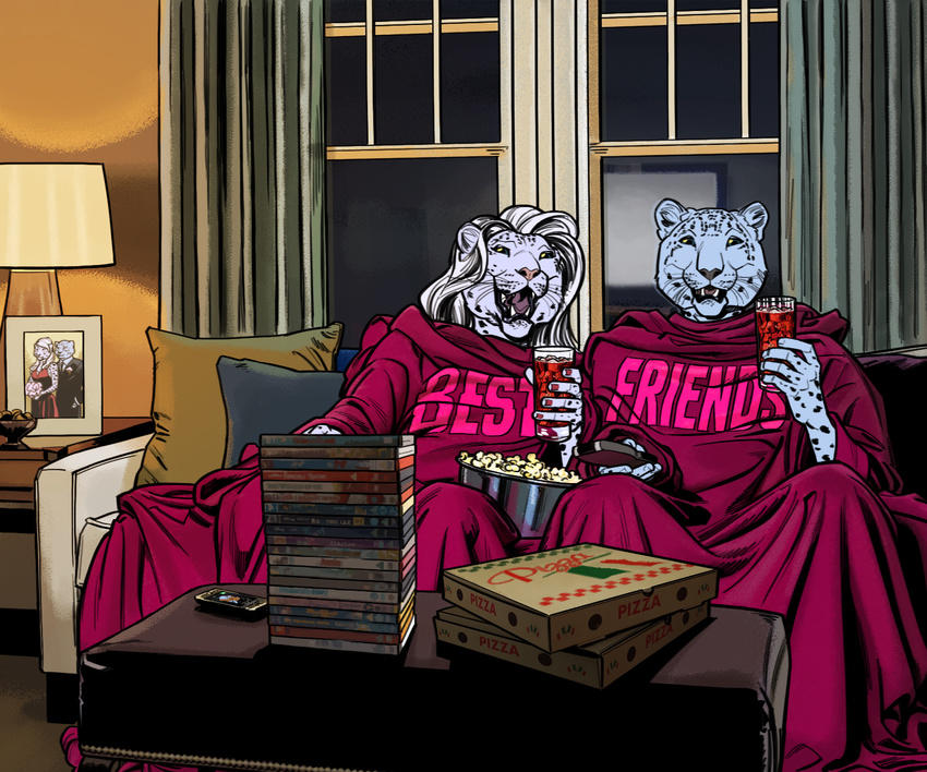 anthro beverage billmund cellphone clothed clothing creatures_of_the_night duo feline female food fur hair hi_res holding_glass holding_object inside lamp leopard male mammal open_mouth open_smile phone pizza pizza_box popcorn sitting sleeved_blanket smile snow_leopard sofa spots spotted_fur whiskers white_hair window