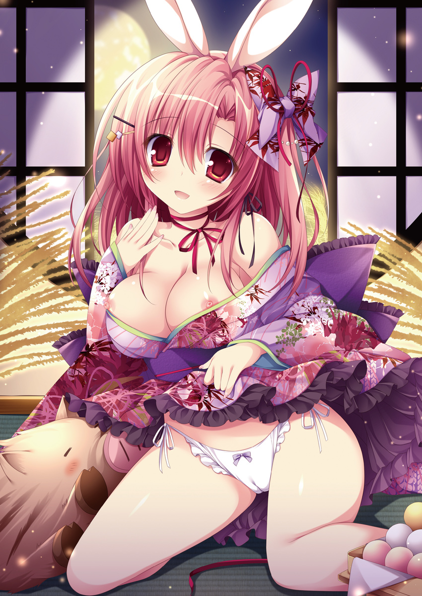 absurdres animal_ears bangs blush bow bow_panties breasts breasts_outside bunny_ears cameltoe character_request cleavage collarbone copyright_request frilled_panties frills full_moon highres indoors japanese_clothes kimono kneeling large_breasts long_hair looking_at_viewer moon nanaroba_hana night nipples open_mouth panties parted_bangs pig pink_hair red_eyes scan side-tie_panties smile solo tatami thighs underwear white_panties