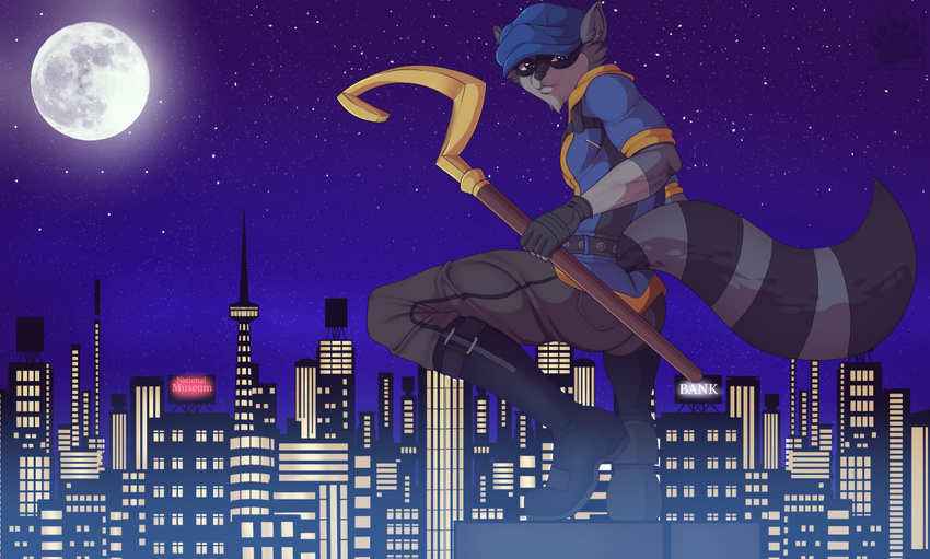 anthro blackbear butt butt_pose cane city clothing gloves hat male mammal raccoon sly_cooper sly_cooper_(series) solo video_games