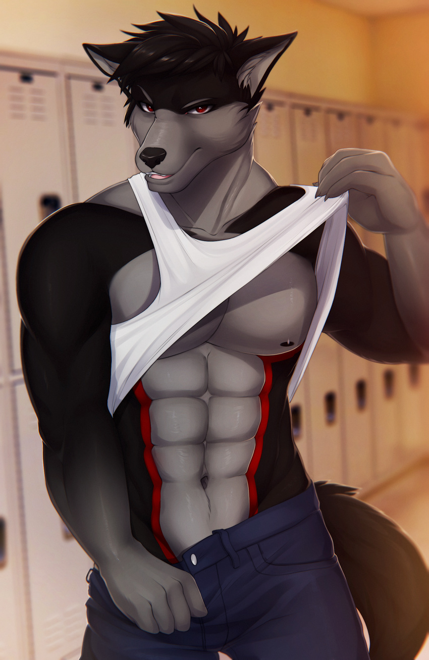 abs biceps canine ghost_(character) looking_at_viewer mammal muscular pinup pose solo teasing winterblack wolf