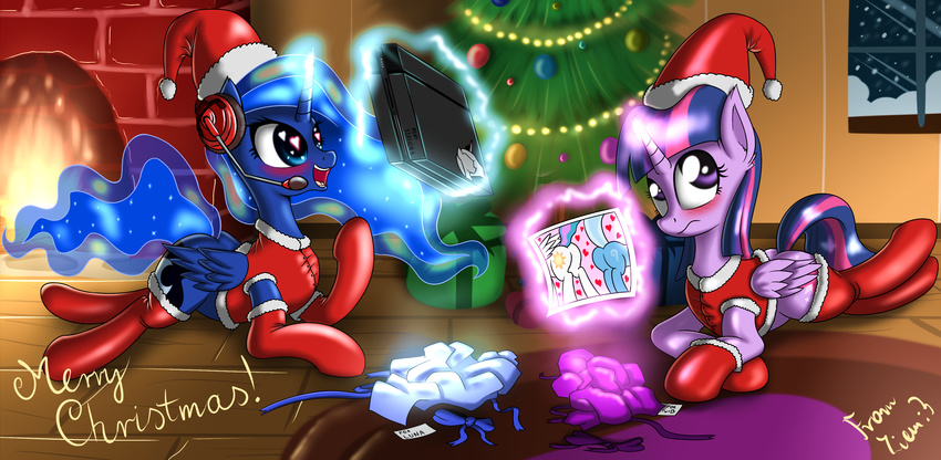 2013 blue_eyes blue_feathers blue_fur blue_hair blush christmas clothing cutie_mark duo english_text equine feathered_wings feathers female fireplace friendship_is_magic fur gift hair hat headphones headset holidays horn horse inside lying mammal multicolored_hair my_little_pony on_front pegasus photo playstation_4 pony princess_luna_(mlp) purple_eyes purple_feathers purple_hair santa_hat smile text tree twilight_sparkle_(mlp) two_tone_hair white_feathers winged_unicorn wings ziemniax