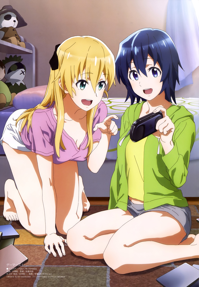 :d absurdres all_fours bare_shoulders bed bedroom blonde_hair blue_eyes blue_hair breasts cardigan cleavage collarbone copyright_name eyes_visible_through_hair furuhashi_satoshi gamers! green_eyes grey_shorts hair_between_eyes highres holding hoshinomori_chiaki index_finger_raised indoors long_hair medium_breasts megami multiple_girls open_cardigan open_clothes open_mouth purple_shirt shirt short_hair short_shorts short_sleeves shorts sitting smile sweater tendou_karen white_shorts yellow_shirt