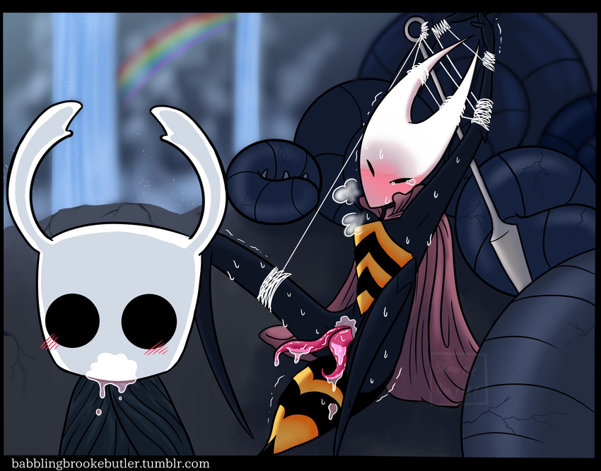 after_sex ambiguous_gender arthropod babblingbrookebutler blush bound detailed_background duo empty_eyes hollow_knight hollow_knight_(species) hornet hornet_(hollow_knight) insect protagonist_(hollow_knight) rainbow sweat wasp waterfall