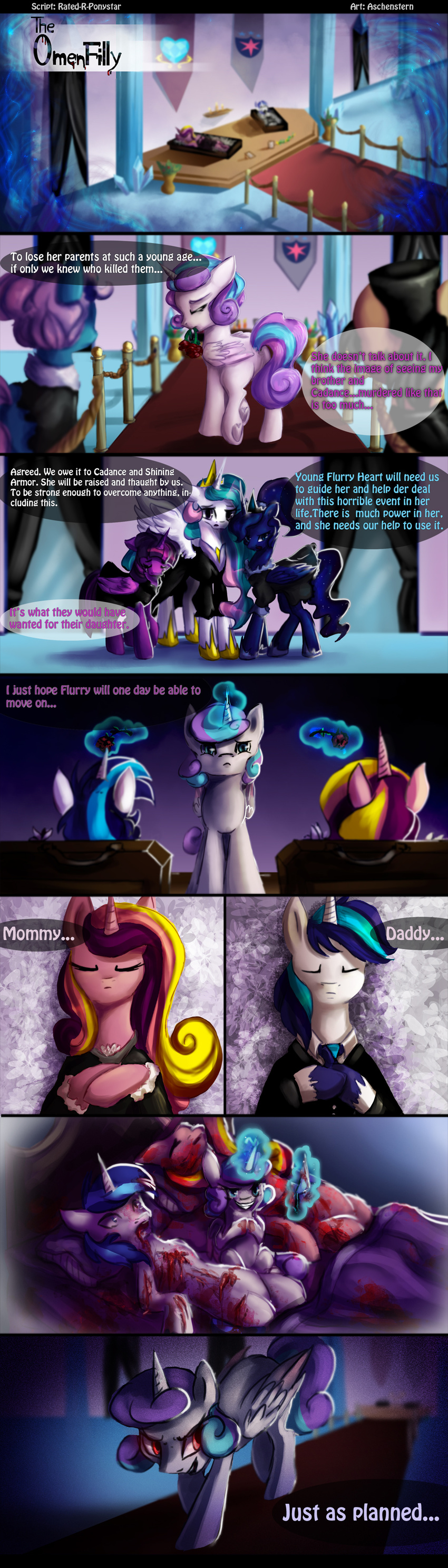 2017 absurd_res aschenstern blood coffin comic crown crystal death dialogue english_text equine female feral flower flurry_heart_(mlp) friendship_is_magic funeral grin group hi_res horn insane inside knife magic male mammal my_little_pony plant princess_cadance_(mlp) princess_celestia_(mlp) princess_luna_(mlp) rated-r-ponystar shining_armor_(mlp) smile text twilight_sparkle_(mlp) unicorn winged_unicorn wings
