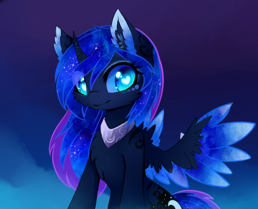 &lt;3 &lt;3_eyes 2016 blue_feathers cosmic_feathers cosmic_hair cutie_mark equine eyelashes feathered_wings feathers female feral friendship_is_magic horn jewelry looking_at_viewer magnaluna mammal my_little_pony necklace night nude outside princess_luna_(mlp) simple_background sitting smile solo winged_unicorn wings
