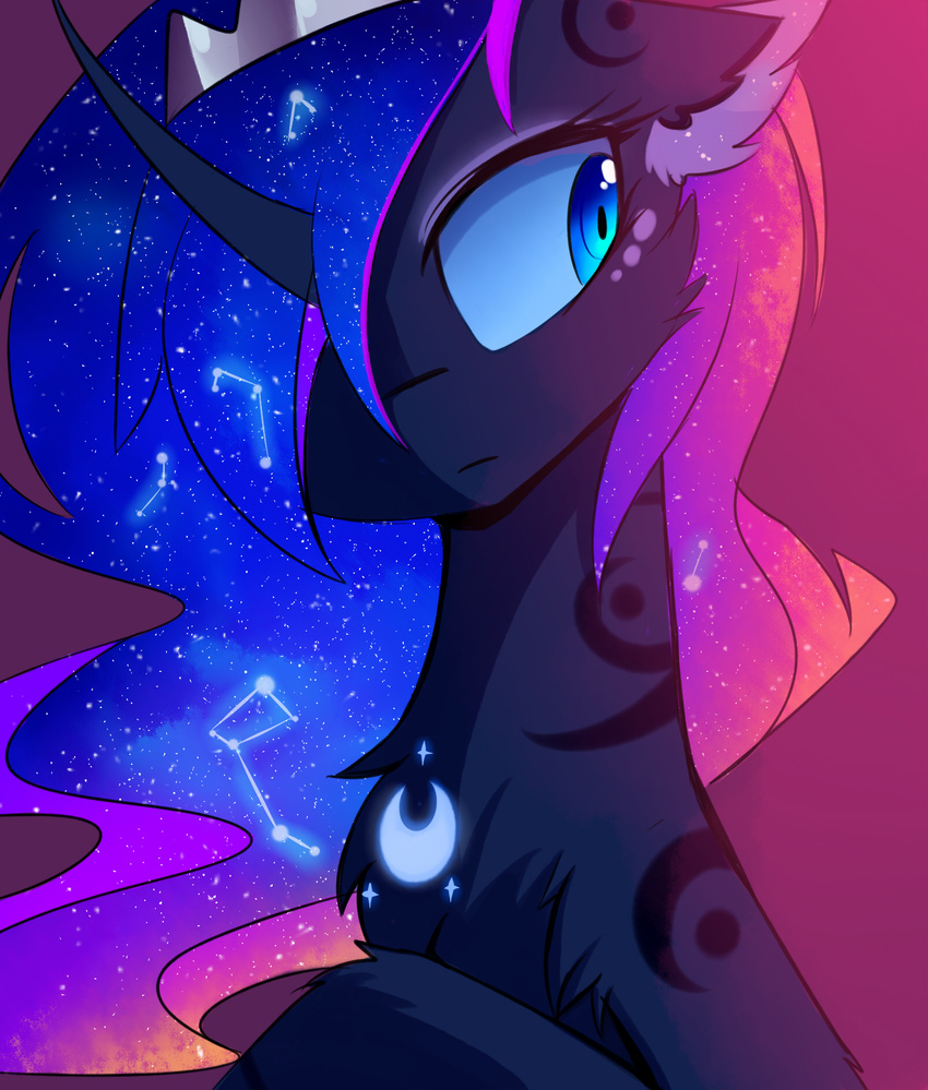 blue_eyes blue_fur cosmic_hair equine female feral fluffy friendship_is_magic fur gradient_background hi_res horn magnaluna mammal my_little_pony nude princess_luna_(mlp) simple_background solo unicorn unicorn_horn