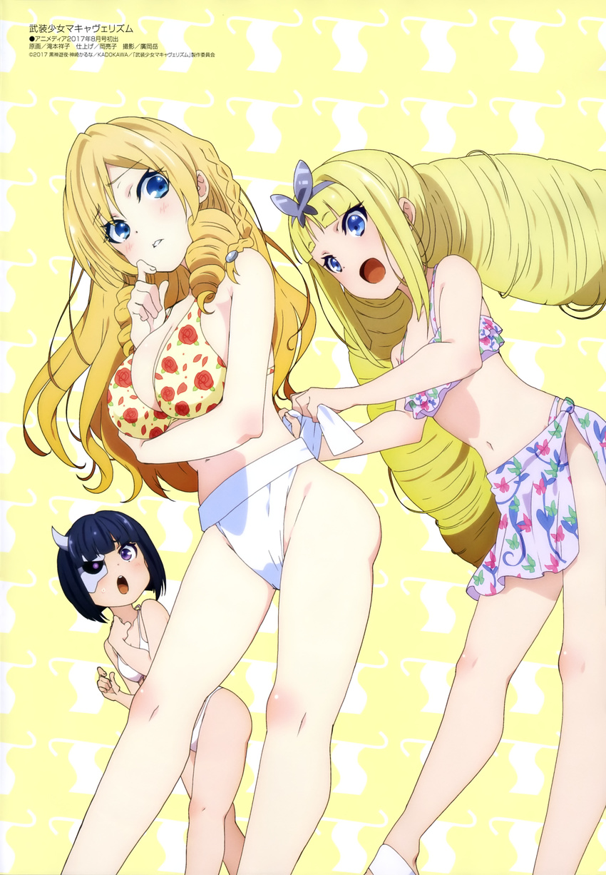 absurdres ass bikini black_hair blonde_hair blue_eyes blush breasts busou_shoujo_machiavellism character_name chouka_u_baragasaki cleavage collarbone eyes_visible_through_hair fundoshi grey_hairband groin hairband highres horn japanese_clothes kikakujou_mary large_breasts leaning_forward mask megami multiple_girls navel official_art onigawara_rin open_mouth parted_lips purple_eyes sarong shiny shiny_skin short_hair standing swimsuit takimoto_shouko twintails tying_fundoshi white_bikini