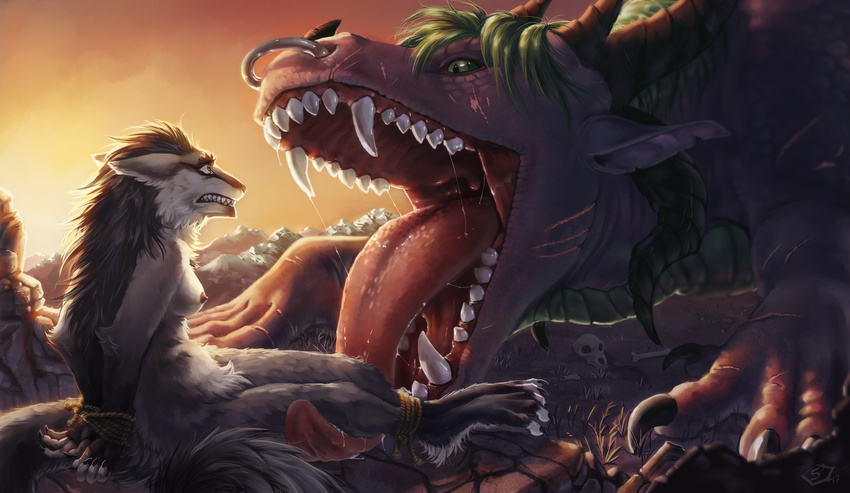 5-prime anthro anthro_on_feral bestiality bound breasts dragon facial_piercing feral green_hair hair horn nipples nose_piercing nose_ring piercing sacrifice salvana scar sergal size_difference skull teeth vore