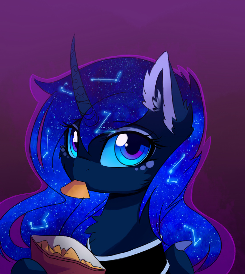 blue_eyes blue_fur cosmic_hair equine eyelashes female feral friendship_is_magic fur hair hi_res horn looking_at_viewer magnaluna mammal my_little_pony nude princess_luna_(mlp) purple_background simple_background solo unicorn_horn winged_unicorn wings