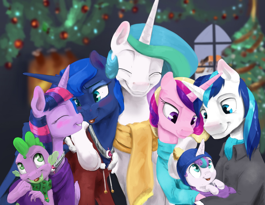 2016 blush christmas christmas_tree clothed clothing dragon equine female feral flurry_heart_(mlp) friendship_is_magic group holidays horn hug male mammal my_little_pony princess_cadance_(mlp) princess_celestia_(mlp) princess_luna_(mlp) shining_armor_(mlp) silfoe spike_(mlp) tree twilight_sparkle_(mlp) unicorn winged_unicorn wings