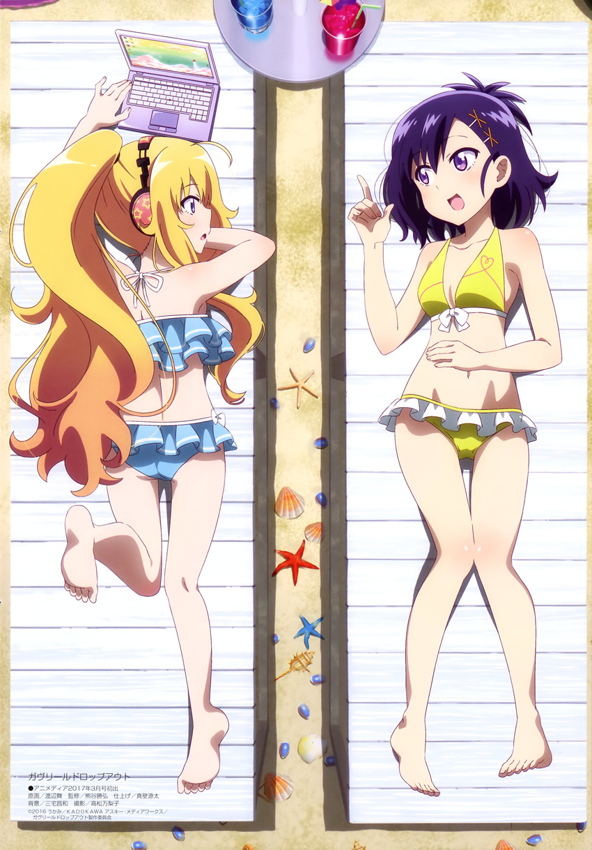 absurdres ahoge barefoot beach bikini blonde_hair blue_bikini blue_hair breasts cleavage collarbone computer copyright_name day eye_contact from_above gabriel_dropout hair_ornament halterneck headphones highres index_finger_raised laptop leg_up long_hair looking_at_another lying megami multiple_girls on_back on_stomach open_mouth outdoors purple_eyes shiny shiny_skin side_ponytail sideboob small_breasts swimsuit tenma_gabriel_white tsukinose_vignette_april very_long_hair watanabe_mai yellow_bikini