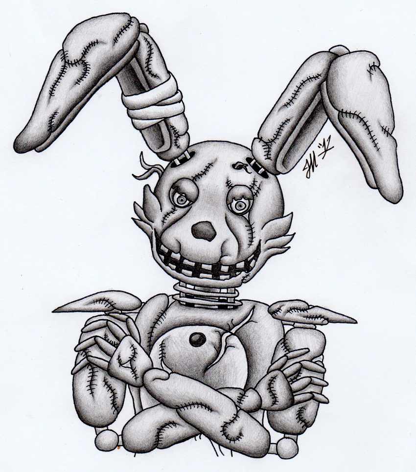 animatronic bandage button_(disambiguation) damaged endoskeleton five_nights_at_freddy's fluffy_cheeks hare lagomorph machine mammal r4v3n_wy7ch rabbit robot scar silver_eyes sketch small_nose springtrap_(fnaf) torn_lips wire