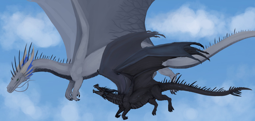 2017 :d absurd_res arkhanis black_scales black_skin blue_skin claws cloud digital_media_(artwork) drad dradmon dragon duo feral flesh_whiskers flying frill green_eyes grey_scales hi_res horn male membranous_wings outside red_eyes scales scalie sharp_teeth side_view size_difference sky slit_pupils smile spikes spread_wings teeth western_dragon white_skin wings