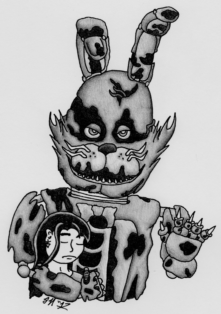 animatronic captive claws content damaged_bow_tie dream five_nights_at_freddy's five_nights_at_freddy's_4 five_nights_at_freddys_4 human lagomorph machine mammal nightmare nightmare_bonnie_(fnaf) r4v3n_wy7ch rabbit robot scared sleeping spiky_cheeks torn_suite video_games wire wire_whiskers