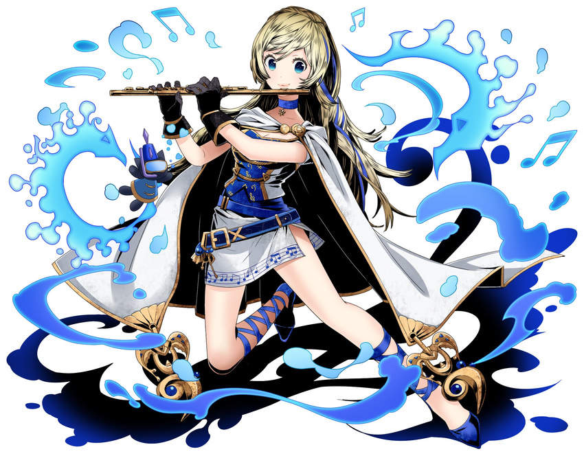 ankle_ribbon beamed_eighth_notes black_gloves blonde_hair blue_eyes blue_footwear blue_ribbon breasts cape choker cleavage collarbone divine_gate dotted_quarter_note eighth_note flute full_body gloves grey_skirt hair_ribbon highres holding holding_instrument instrument long_hair looking_at_viewer medium_breasts miniskirt music musical_note musical_note_print playing_instrument quarter_note ribbon simple_background skirt solo staff_(music) ucmm very_long_hair white_background white_cape