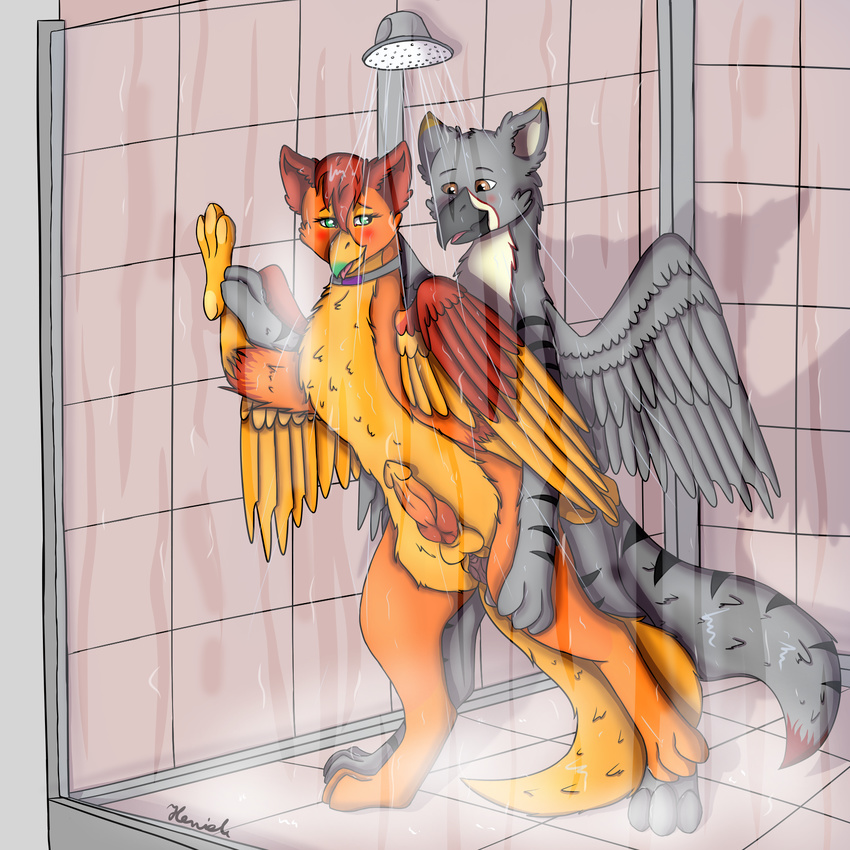 amber_wing animal_genitalia avian balls beak caedis_animus cum duo fur gryphon heneik_(artist) herm herm/male intersex intersex/male knot male penis pussy shower water wings