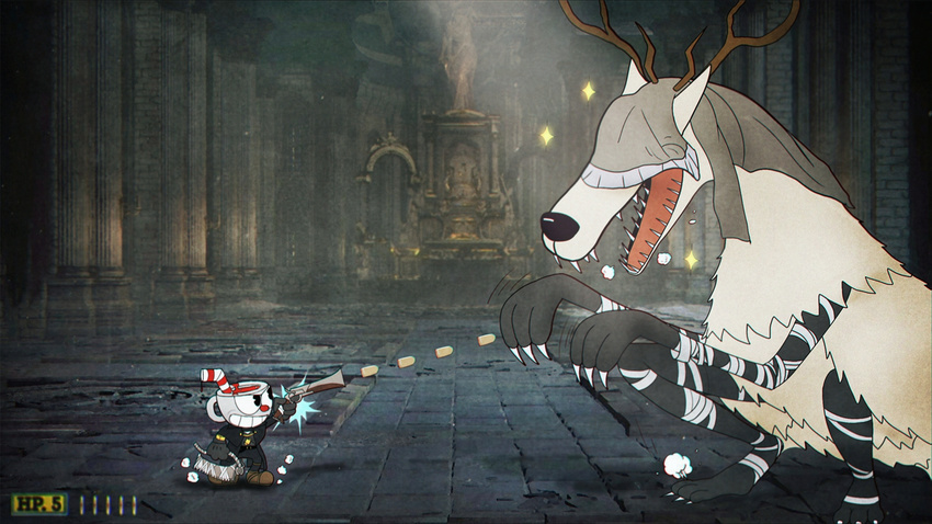 ambiguous_gender animate_inanimate antlers beast_(bloodborne) blood bloodborne claws cleaver crossover cup cuphead_(character) cuphead_(game) fur grin gun horn melee_weapon object_head open_mouth ranged_weapon sharp_teeth smile straw style_parody teeth toe_claws unknown_artist veil vicar_amelia weapon white_fur