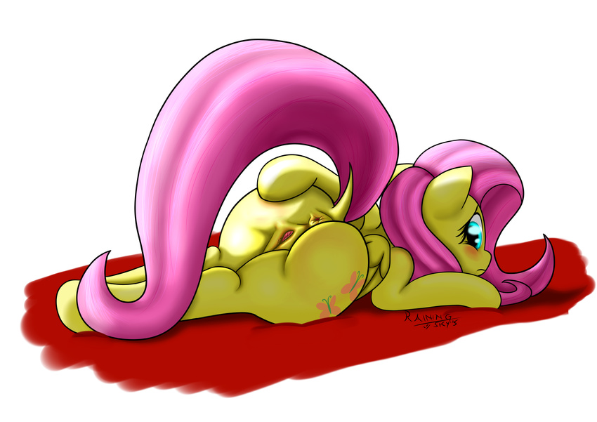 2015 anus blush butt cutie_mark digital_media_(artwork) dock equine feathered_wings feathers female feral fluttershy_(mlp) friendship_is_magic hair long_hair looking_at_viewer lying mammal my_little_pony pegasus pink_hair pussy rainingskys simple_background solo white_background wings yellow_feathers