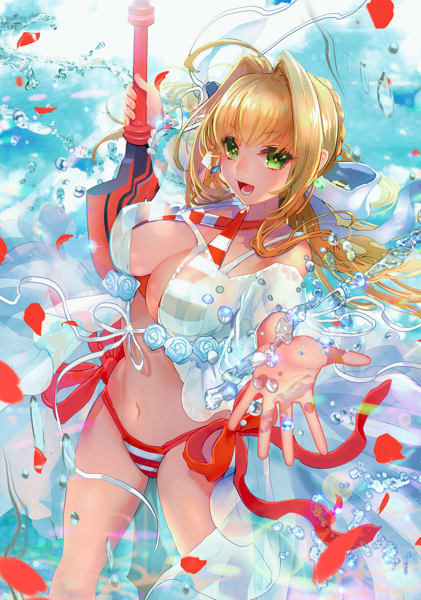 :d aestus_estus ahoge babydoll bangs bikini blonde_hair bracelet breasts earrings eyebrows_visible_through_hair fate/grand_order fate_(series) green_eyes hair_intakes halterneck highres jewelry large_breasts long_hair looking_at_viewer navel nero_claudius_(fate)_(all) nero_claudius_(swimsuit_caster)_(fate) open_mouth outstretched_arms revision shutsuri side-tie_bikini smile solo striped striped_bikini swimsuit sword twintails water water_drop weapon