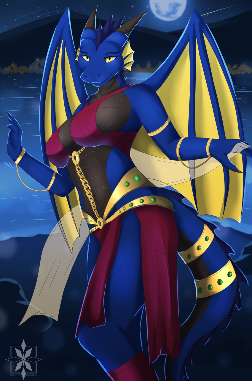 2017 anthro blue_skin breasts claws clothed clothing dragon female harnny hi_res horn jewelry looking_at_viewer moon mountain nachtschauer night scalie side_boob silk smile solo standing star water wings