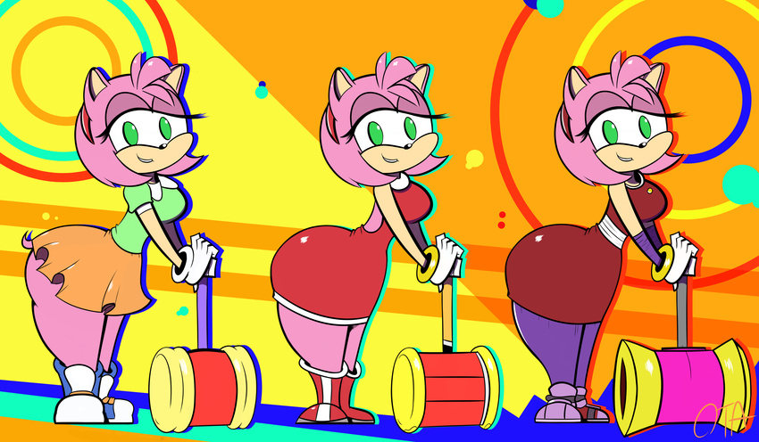 amy_rose big_breasts big_butt big_thighs breasts butt clothing female fur green_eyes green_shirt hammer headband leaning looking_at_viewer orange_skirt ota_(artist) pink_fur red_dress shortstack skirt sonic_(series) sonic_mania sonic_the_hedgehog tools