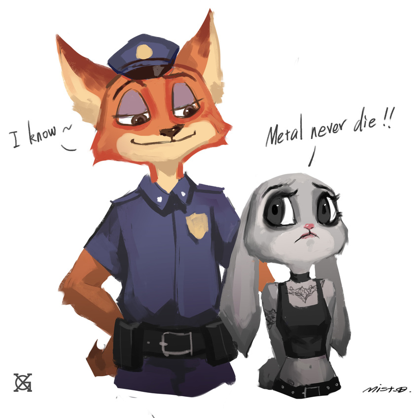 badge brown_eyes clothing dialogue disney eye_contact fur goth grey_fur handcuffs hands_behind_back mist_xg multicolored_fur nick_wilde police_uniform punk_rock purple_eyes red_fur shackles smile tattoo uniform white_fur yellow_fur zootopia