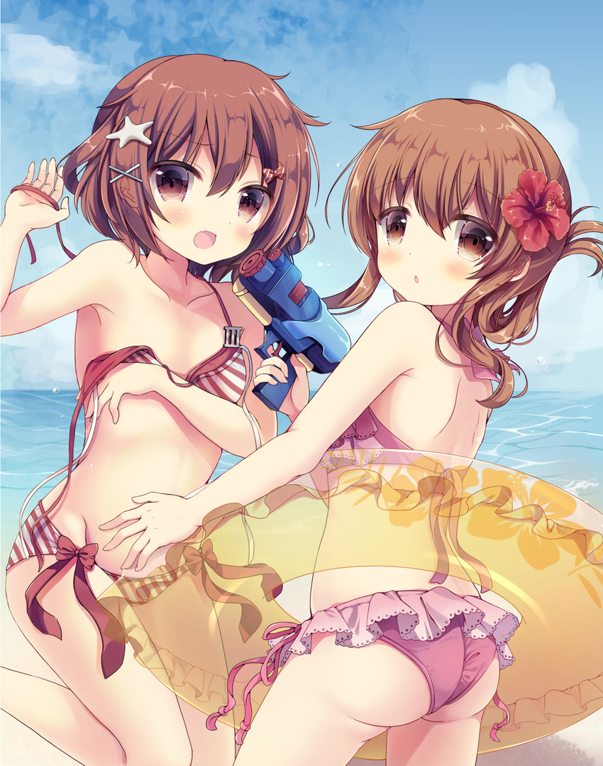 alternate_costume ass bare_shoulders beach bikini blush brown_eyes brown_hair cloud day flower folded_ponytail frilled_bikini frills gun hair_flower hair_ornament hair_ribbon hairclip hand_on_own_chest highres holding holding_clothes holding_gun holding_weapon ikazuchi_(kantai_collection) inazuma_(kantai_collection) innertube kantai_collection looking_at_viewer looking_back mitsuki_ponzu multiple_girls ocean open_mouth pink_bikini red_bikini red_flower ribbon short_hair side-tie_bikini star swimsuit wardrobe_malfunction water_gun weapon yellow_innertube