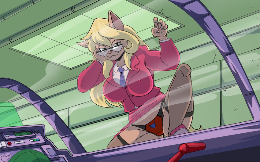 2017 anthro big_breasts blonde_hair breasts callie_briggs cat clothed clothing eyewear feline female glasses hair legwear mammal necktie panties solo spread_legs spreading stockings swat_kats thigh_highs underwear yawg