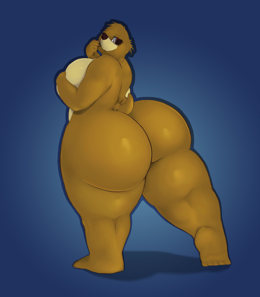 anthro big_breasts big_butt breasts butt eyewear female fur glasses looking_at_viewer looking_back lupycat mammal monty_mole nintendo nude simple_background slightly_chubby smile solo sunglasses thick_thighs video_games wide_hips