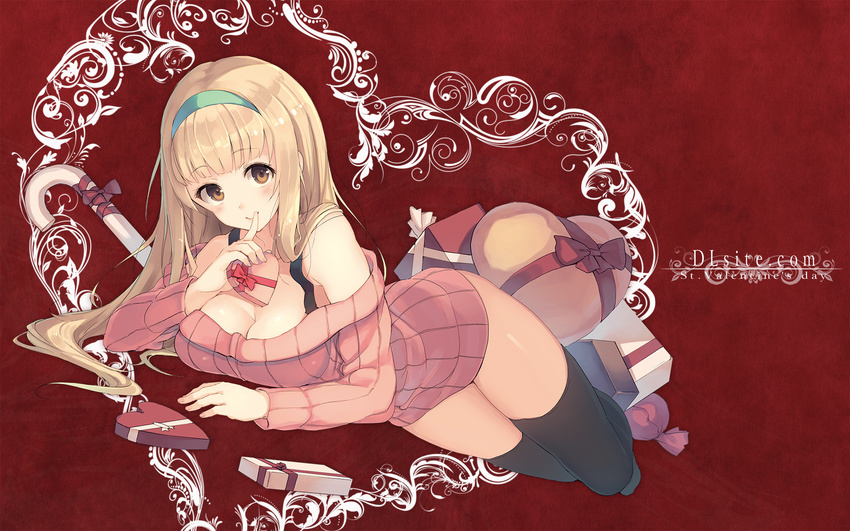 bangs banned_artist bare_shoulders black_legwear blonde_hair blunt_bangs blush box breasts brown_eyes cleavage closed_mouth dille_blood dlsite.com eyebrows_visible_through_hair full_body gift hairband heart heart-shaped_box highres holding holding_gift index_finger_raised large_breasts long_hair looking_at_viewer lying on_stomach paseri ribbed_sweater sidelocks smile solo sweater tareme thighhighs thighs valentine wallpaper