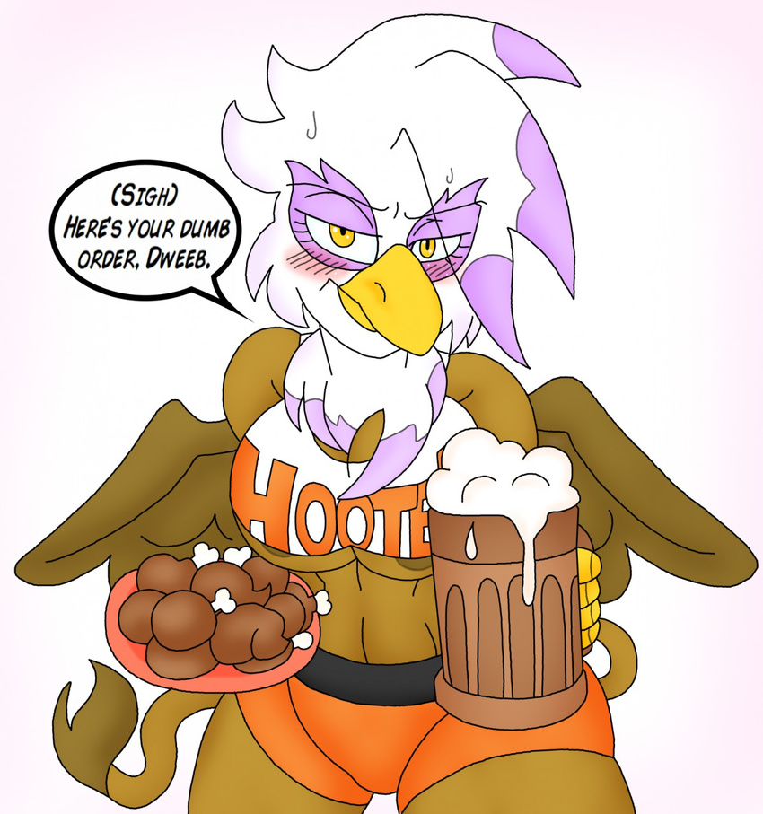 2017 alcohol anthro avian beer beverage big_breasts blackbewhite2k7 blush breasts cleavage clothed clothing dialogue feathered_wings feathers female food friendship_is_magic gilda_(mlp) gryphon hi_res holding_object hooters looking_at_viewer midriff my_little_pony nipples shorts simple_background skimpy solo tail_tuft tight_clothing tuft under_boob wings yellow_eyes